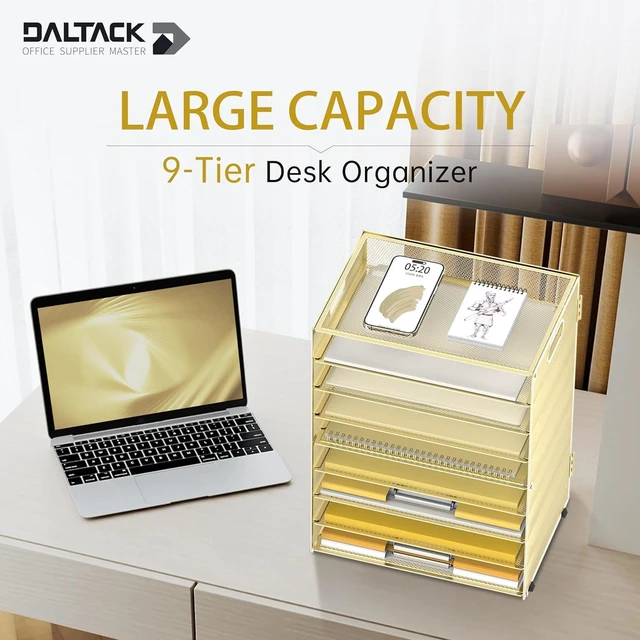 Alt view image 2 of 6 - 9-Tier Paper Organizer for Desk, Metal Mesh Letter Tray with Handles, Gold Desk File Organizer with Removable Trays for Sorting Files, Folders, Mail and Printer Paper at Home, School or Office