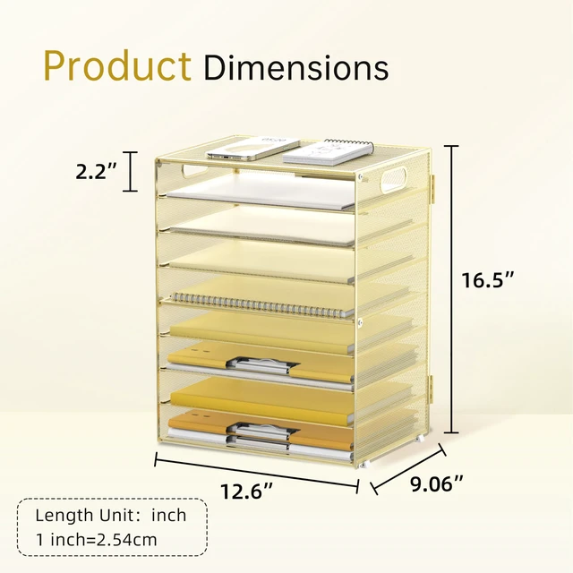 Alt view image 4 of 6 - 9-Tier Paper Organizer for Desk, Metal Mesh Letter Tray with Handles, Gold Desk File Organizer with Removable Trays for Sorting Files, Folders, Mail and Printer Paper at Home, School or Office