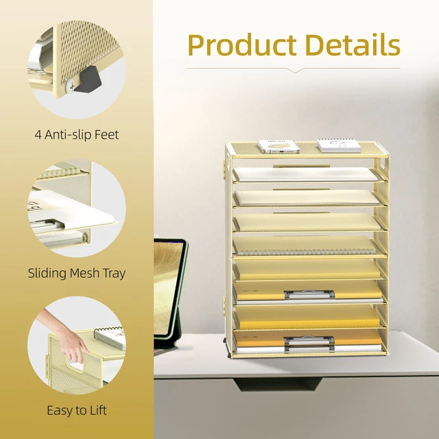 Alt view image 3 of 6 - 9-Tier Paper Organizer for Desk, Metal Mesh Letter Tray with Handles, Gold Desk File Organizer with Removable Trays for Sorting Files, Folders, Mail and Printer Paper at Home, School or Office