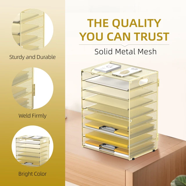 Alt view image 5 of 6 - 9-Tier Paper Organizer for Desk, Metal Mesh Letter Tray with Handles, Gold Desk File Organizer with Removable Trays for Sorting Files, Folders, Mail and Printer Paper at Home, School or Office