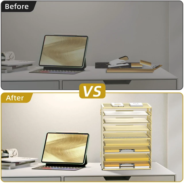 Alt view image 6 of 6 - 9-Tier Paper Organizer for Desk, Metal Mesh Letter Tray with Handles, Gold Desk File Organizer with Removable Trays for Sorting Files, Folders, Mail and Printer Paper at Home, School or Office