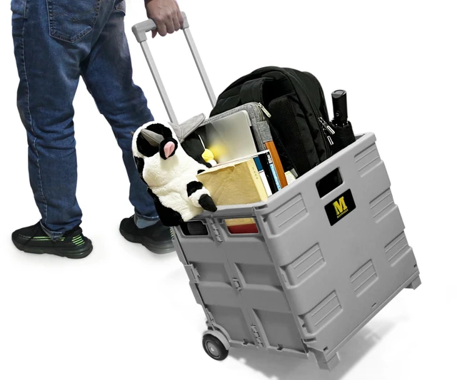 Alt view image 2 of 7 - Collapsible Rolling Utility Cart with Lid 80 lb Capacity Folding Dolly with Telescoping Handle Heavy Duty Plastic Crate on Wheels for Shopping Office and Teachers (50876)