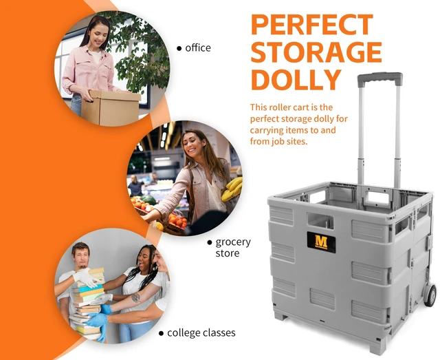 Alt view image 6 of 7 - Collapsible Rolling Utility Cart with Lid 80 lb Capacity Folding Dolly with Telescoping Handle Heavy Duty Plastic Crate on Wheels for Shopping Office and Teachers (50876)