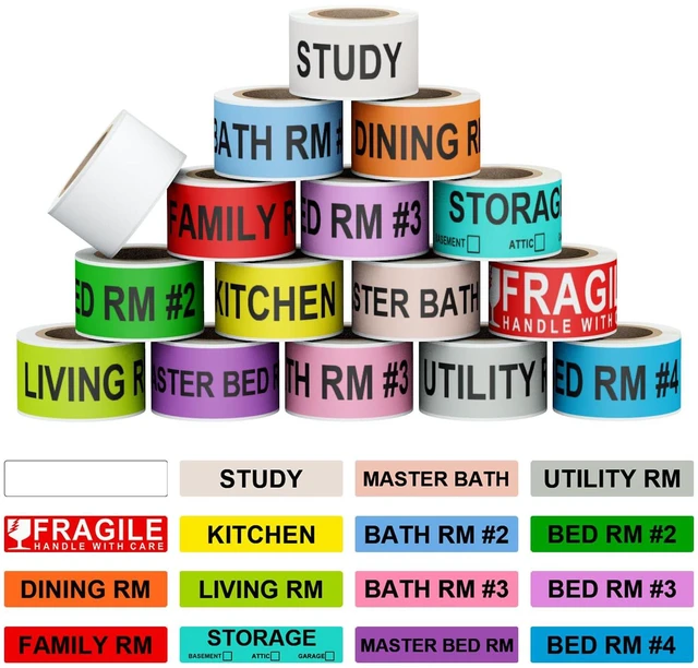 Main image of 16 Rolls 960 Pcs 1"x4.5" Color Coded Moving Labels Stickers for Boxes with 4 Bedroom Labels - Can Stick on Furniture Directly, NOT Recommended for Rough Surfaces, Such as Carton