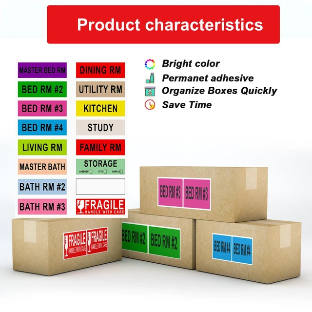 Alt view image 6 of 7 - 16 Rolls 960 Pcs 1"x4.5" Color Coded Moving Labels Stickers for Boxes with 4 Bedroom Labels - Can Stick on Furniture Directly, NOT Recommended for Rough Surfaces, Such as Carton