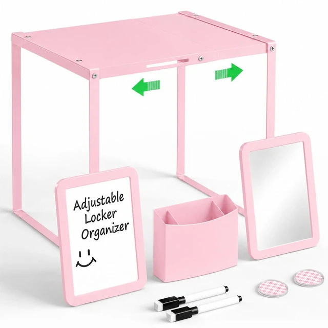 Main image of Adjustable Pink Locker Shelf Organizer Kit for School Locker Decor Easy Assembly, Metal Locker Accessories with Shelf, Mirror, Pen Holder, Whiteboard for Home Office Gym, Teacher Supplies