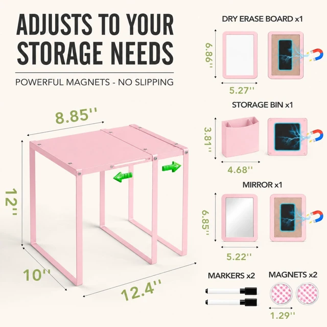 Alt view image 2 of 7 - Adjustable Pink Locker Shelf Organizer Kit for School Locker Decor Easy Assembly, Metal Locker Accessories with Shelf, Mirror, Pen Holder, Whiteboard for Home Office Gym, Teacher Supplies