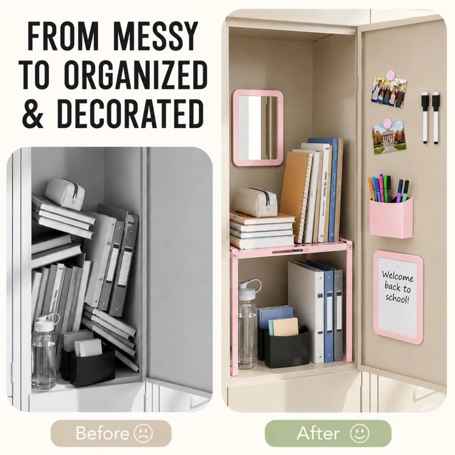 Alt view image 4 of 7 - Adjustable Pink Locker Shelf Organizer Kit for School Locker Decor Easy Assembly, Metal Locker Accessories with Shelf, Mirror, Pen Holder, Whiteboard for Home Office Gym, Teacher Supplies