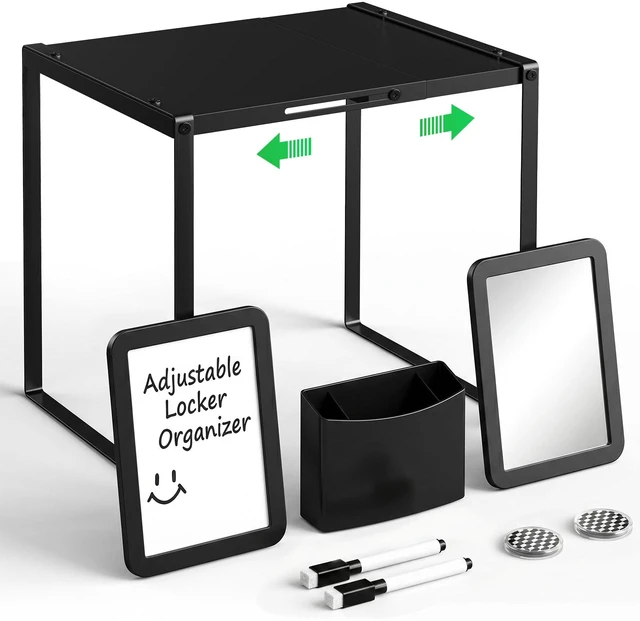 Main image of Adjustable Black Locker Shelf Organizer Kit for School Locker Decor Easy Assembly, Metal Locker Accessories with Shelf, Mirror, Pen Holder, Whiteboard for Home Office Gym, Teacher Supplies