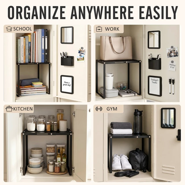Alt view image 7 of 7 - Adjustable Black Locker Shelf Organizer Kit for School Locker Decor Easy Assembly, Metal Locker Accessories with Shelf, Mirror, Pen Holder, Whiteboard for Home Office Gym, Teacher Supplies