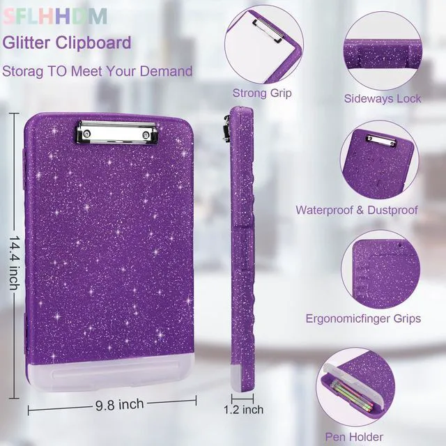 Alt view image 2 of 7 - Glitter Clipboard with Storage,Storage Clipboard with Pen Holder,A4 Binder Clip Boards 8.5x11 with Low Profile Clip,Side Opening Sparkle Clipboards, Clipboards Folder for Office Supplies-Dark Purple