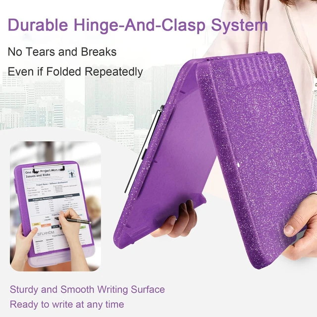 Alt view image 4 of 7 - Glitter Clipboard with Storage,Storage Clipboard with Pen Holder,A4 Binder Clip Boards 8.5x11 with Low Profile Clip,Side Opening Sparkle Clipboards, Clipboards Folder for Office Supplies-Dark Purple