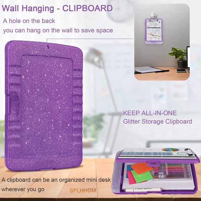 Alt view image 6 of 7 - Glitter Clipboard with Storage,Storage Clipboard with Pen Holder,A4 Binder Clip Boards 8.5x11 with Low Profile Clip,Side Opening Sparkle Clipboards, Clipboards Folder for Office Supplies-Dark Purple