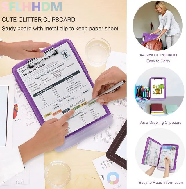 Alt view image 7 of 7 - Glitter Clipboard with Storage,Storage Clipboard with Pen Holder,A4 Binder Clip Boards 8.5x11 with Low Profile Clip,Side Opening Sparkle Clipboards, Clipboards Folder for Office Supplies-Dark Purple