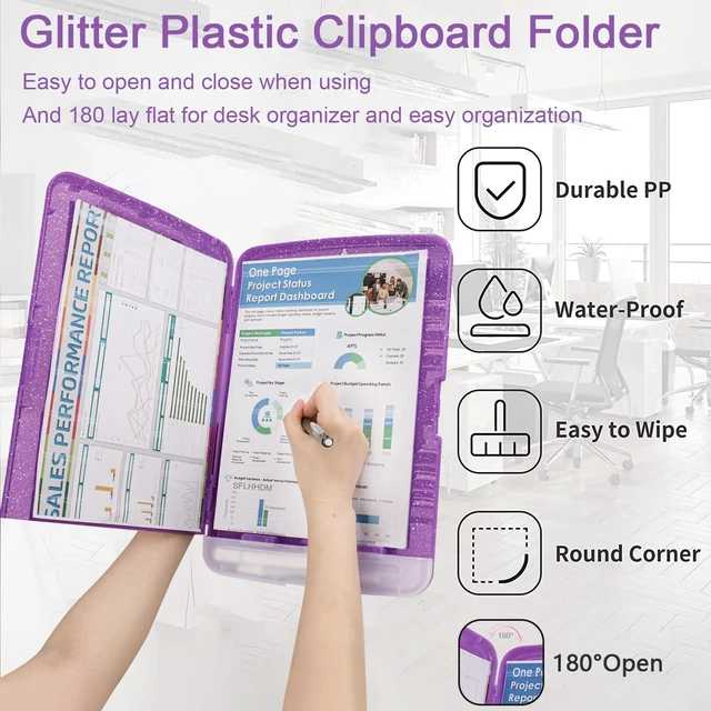 Alt view image 5 of 7 - Glitter Clipboard with Storage,Storage Clipboard with Pen Holder,A4 Binder Clip Boards 8.5x11 with Low Profile Clip,Side Opening Sparkle Clipboards, Clipboards Folder for Office Supplies-Dark Purple