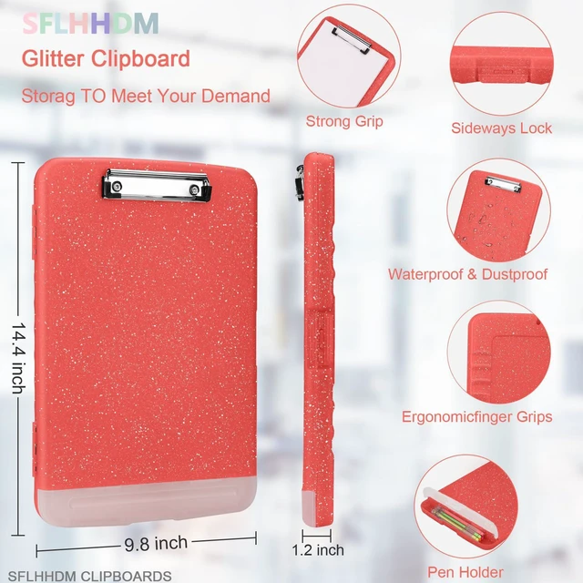 Alt view image 2 of 7 - Glitter Clipboard with Storage,Storage Clipboard with Pen Holder,A4 Binder Clip Boards 8.5x11 with Low Profile Clip,Side Opening Sparkle Clipboards,Clipboards Folder for Office Supplies-Grapefruit Red