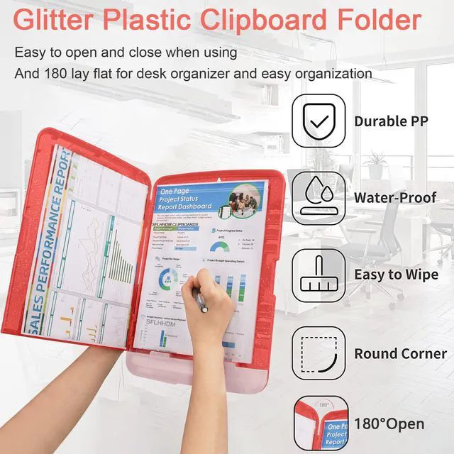 Alt view image 5 of 7 - Glitter Clipboard with Storage,Storage Clipboard with Pen Holder,A4 Binder Clip Boards 8.5x11 with Low Profile Clip,Side Opening Sparkle Clipboards,Clipboards Folder for Office Supplies-Grapefruit Red