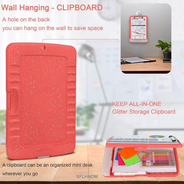 Alt view image 6 of 7 - Glitter Clipboard with Storage,Storage Clipboard with Pen Holder,A4 Binder Clip Boards 8.5x11 with Low Profile Clip,Side Opening Sparkle Clipboards,Clipboards Folder for Office Supplies-Grapefruit Red