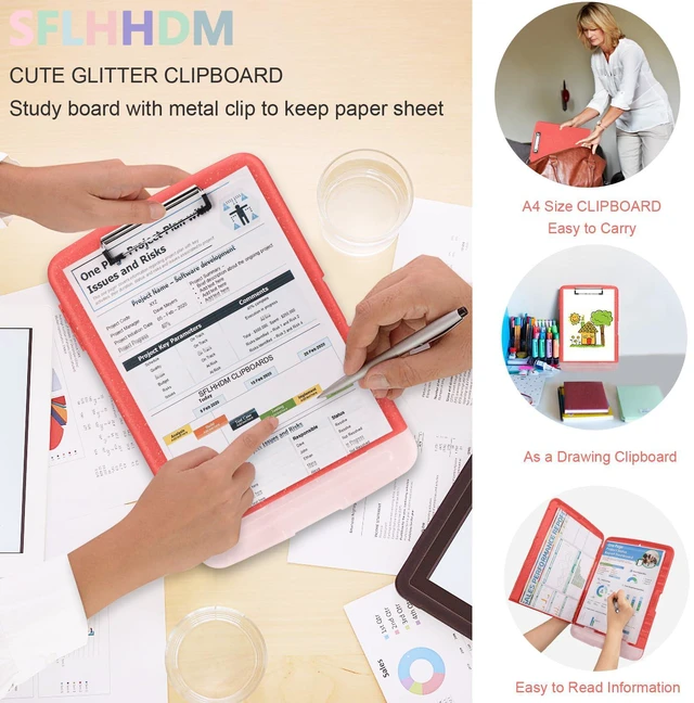 Alt view image 7 of 7 - Glitter Clipboard with Storage,Storage Clipboard with Pen Holder,A4 Binder Clip Boards 8.5x11 with Low Profile Clip,Side Opening Sparkle Clipboards,Clipboards Folder for Office Supplies-Grapefruit Red