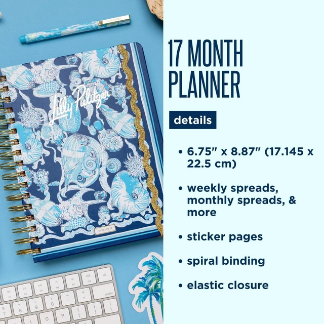 Alt view image 7 of 7 - 17-Month Large 2026-2027 Planner, Shell Shine 6.75" x 8.87" Hardcover Agenda with Gold Spiral & Elastic Loop, Weekly & Monthly Layouts, Stickers, Travel & Reflection Pages