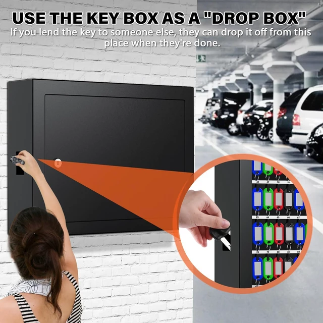 Alt view image 4 of 7 - 75 Keys Key Lock Box Wall Mount with Color Tags and Numbered Hooks Mechanical Lock, Key Return Drop Slot, Solid Alloy Steel Construction, Key Safe for Home Office Garage Rental Business Use