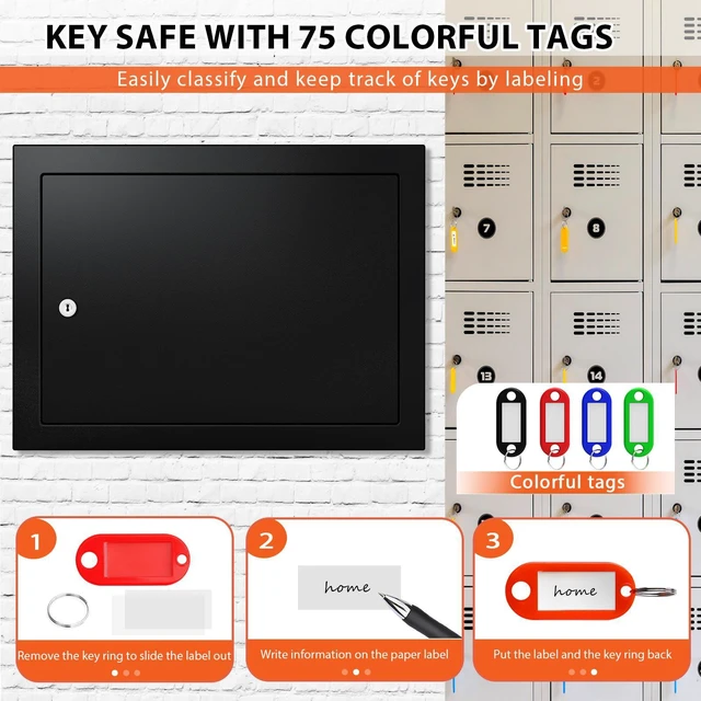 Alt view image 5 of 7 - 75 Keys Key Lock Box Wall Mount with Color Tags and Numbered Hooks Mechanical Lock, Key Return Drop Slot, Solid Alloy Steel Construction, Key Safe for Home Office Garage Rental Business Use