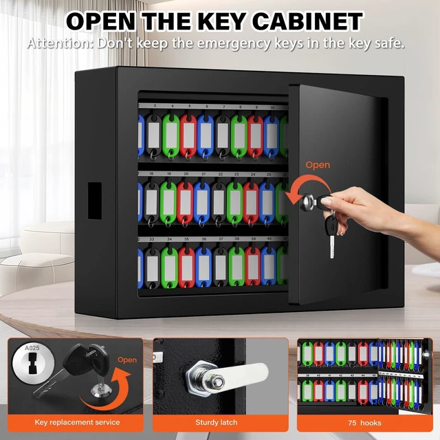 Alt view image 6 of 7 - 75 Keys Key Lock Box Wall Mount with Color Tags and Numbered Hooks Mechanical Lock, Key Return Drop Slot, Solid Alloy Steel Construction, Key Safe for Home Office Garage Rental Business Use