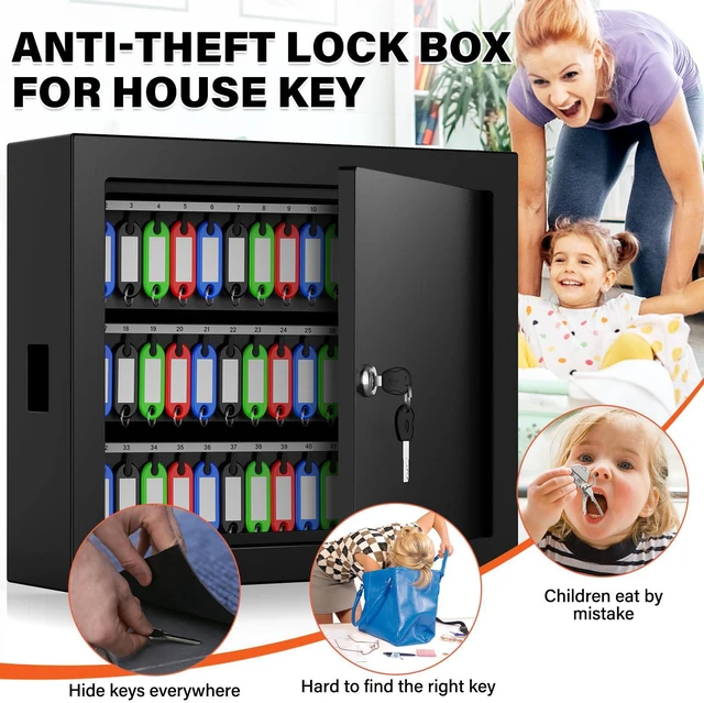 Alt view image 7 of 7 - 75 Keys Key Lock Box Wall Mount with Color Tags and Numbered Hooks Mechanical Lock, Key Return Drop Slot, Solid Alloy Steel Construction, Key Safe for Home Office Garage Rental Business Use
