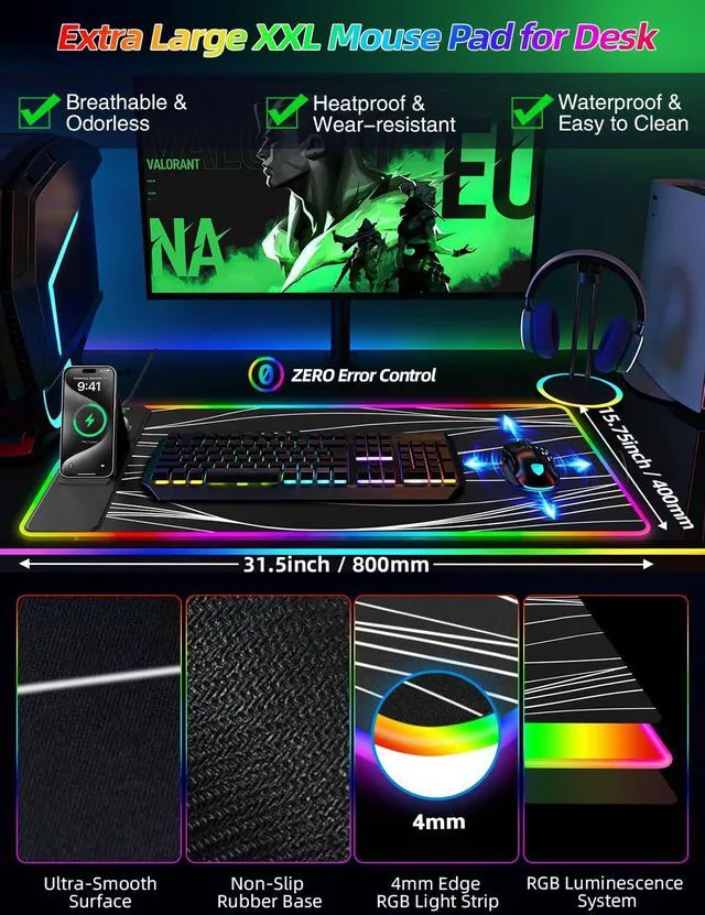 Alt view image 5 of 7 - Mouse Pad with Foldable Phone Holder & Wireless Charger, XXL RGB Gaming Mousepad 31.5"x15.8" Large Desk Mat for Keyboard, Black Desk Pad with Dual Qi Charging Station | 11 Colors 5 Modes
