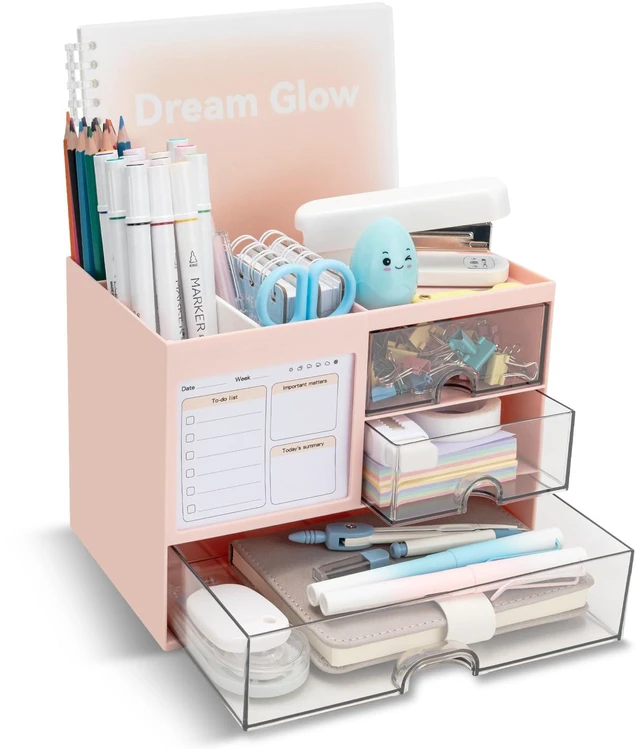 Main image of Multi-Functional Desk Organizer with 3 Drawer and 8 Compartments, Pink