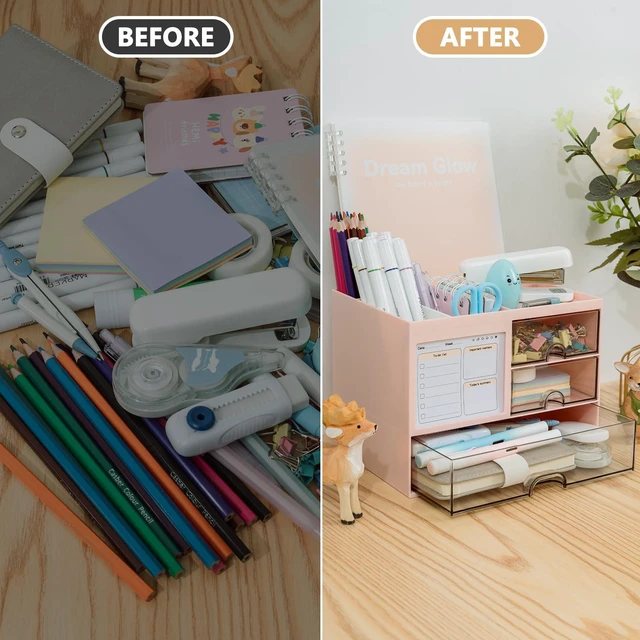 Alt view image 3 of 6 - Multi-Functional Desk Organizer with 3 Drawer and 8 Compartments, Pink