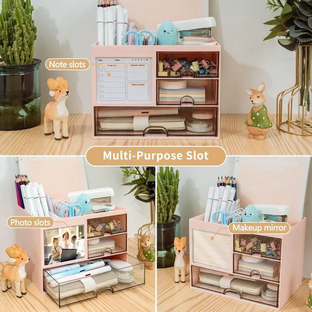 Alt view image 4 of 6 - Multi-Functional Desk Organizer with 3 Drawer and 8 Compartments, Pink