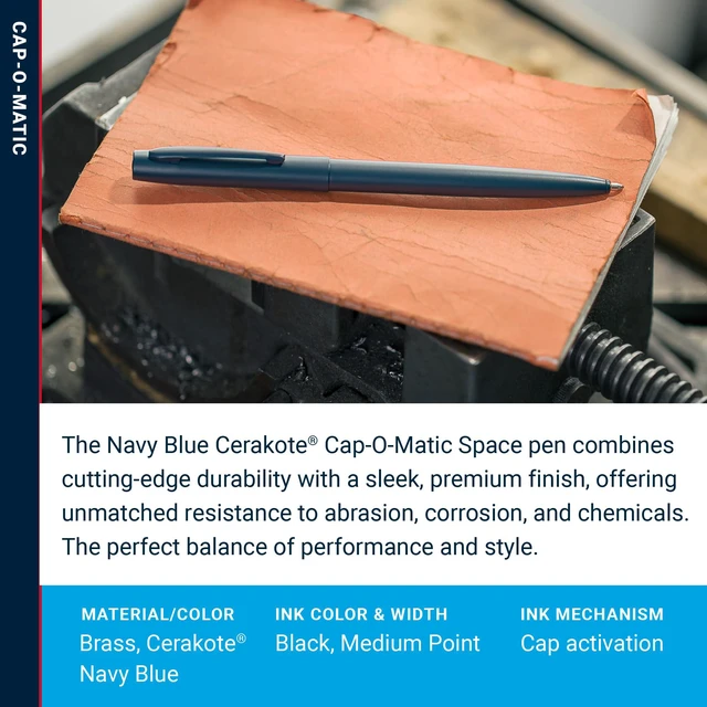 Alt view image 3 of 7 - Space Pen Elite Navy Blue Cerakote Finish Cap-O-Matic Pen, Black Ink Pressurized Ballpoint Pen, Writes Upside Down and in Extreme Temperatures, Medium Point, Pocket Clip, Made in the USA