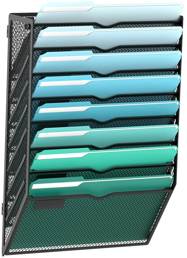 Main image of 8-Tier Wall File Organizer, Hanging File Holder, Wall Mounted Mail Sorter Metal Mesh Hanging File Organizer with Open Compartments and Label Panels for Papers and Folders at Home, Office or School