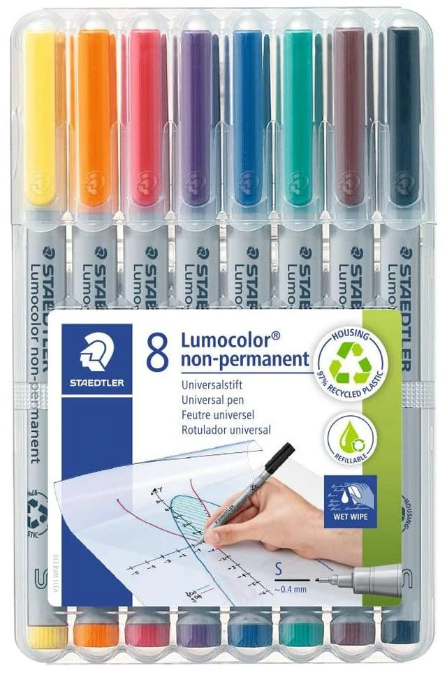 Main image of Lumocolor Non-Permanent Wet Erase Pens, Super Fine Tip, Low Odor Colored Markers, 8 Pack Assorted Colors