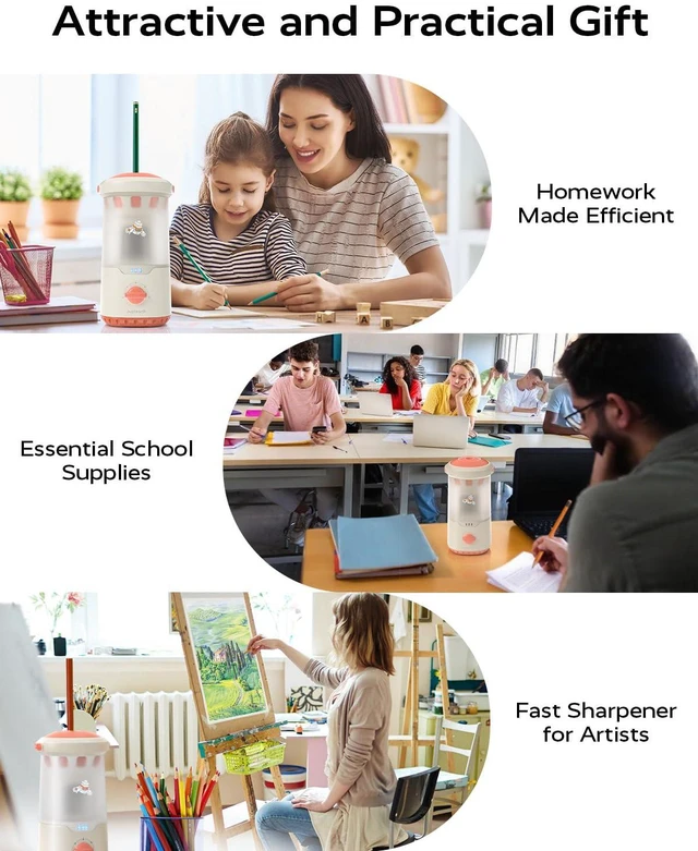 Alt view image 6 of 7 - Electric Pencil Sharpener for Classroom, Auto in & Out, Pink Back to School Fully Automatic Pencil Sharpener Fits 6.9-11mm Colored/Jumbo Pencils, Cordless Rechargeable Sharpener for Home