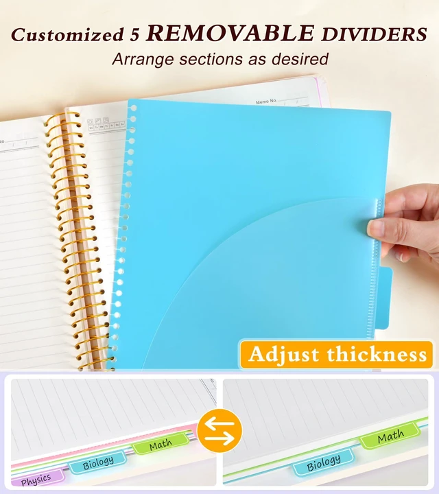 Alt view image 3 of 7 - 5 Subject Notebook College Ruled 240 Pages, A5(5.8"x8.3") Hardcover Spiral Notebook with Removable Dividers Tabs, Lined Spiral Journal Notebook for Women, Notebooks for Work SchoolButterflyBouquet