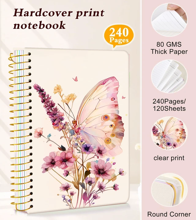 Alt view image 4 of 7 - 5 Subject Notebook College Ruled 240 Pages, A5(5.8"x8.3") Hardcover Spiral Notebook with Removable Dividers Tabs, Lined Spiral Journal Notebook for Women, Notebooks for Work SchoolButterflyBouquet