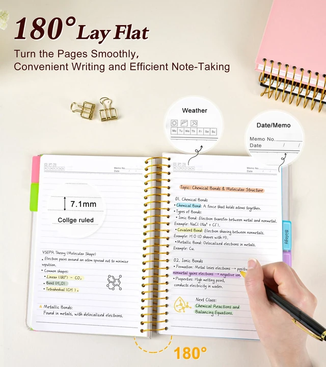 Alt view image 5 of 7 - 5 Subject Notebook College Ruled 240 Pages, A5(5.8"x8.3") Hardcover Spiral Notebook with Removable Dividers Tabs, Lined Spiral Journal Notebook for Women, Notebooks for Work SchoolButterflyBouquet