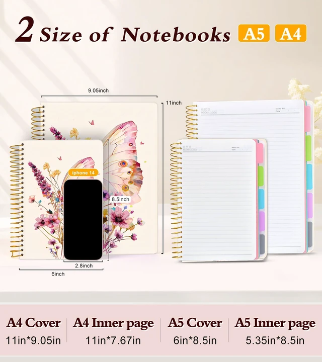 Alt view image 7 of 7 - 5 Subject Notebook College Ruled 240 Pages, A5(5.8"x8.3") Hardcover Spiral Notebook with Removable Dividers Tabs, Lined Spiral Journal Notebook for Women, Notebooks for Work SchoolButterflyBouquet
