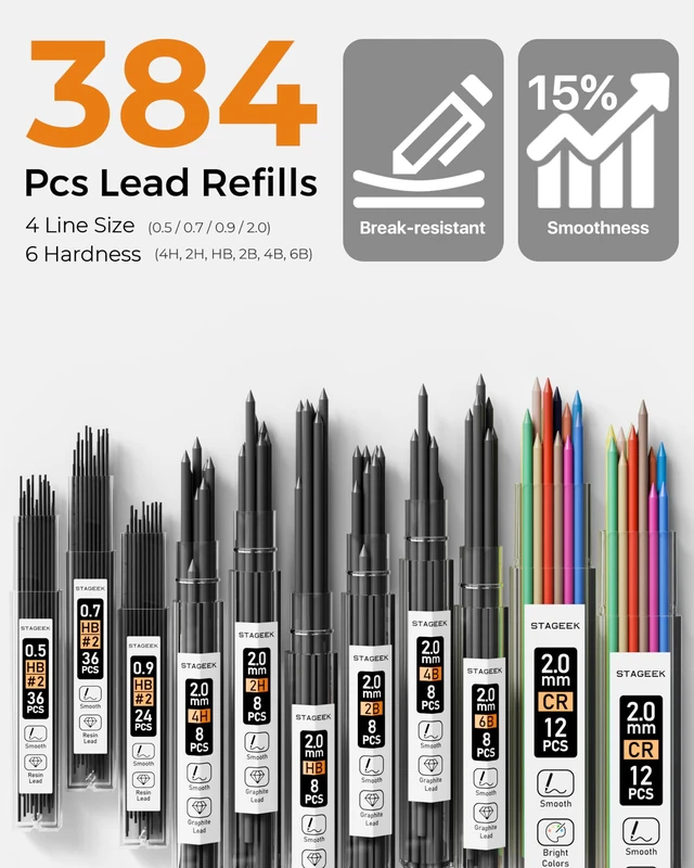 Alt view image 3 of 7 - 34PCS Mechanical Pencil Set with Case, 0.5, 0.7, 0.9 3PCS 2mm Drawing Pencils with 384PCS Lead Refills (6B 4B 2B HB 2H 4H Color), Erasers, Sharpeners, Artist Pencil for Sketching Drafting
