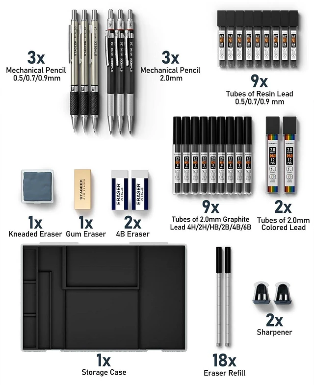Alt view image 7 of 7 - 34PCS Mechanical Pencil Set with Case, 0.5, 0.7, 0.9 3PCS 2mm Drawing Pencils with 384PCS Lead Refills (6B 4B 2B HB 2H 4H Color), Erasers, Sharpeners, Artist Pencil for Sketching Drafting