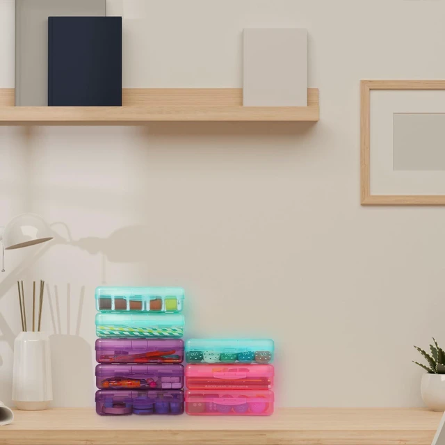 Alt view image 7 of 7 - 24 Pack Clear Plastic Pencil Box,Turquoise, Purple, Pink Stackable Organizer for School Supplies, Large Case for Crayons Markers, Snap-lid Keeps Stationery Secure, Bulk Set