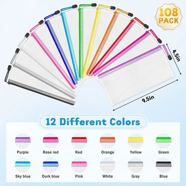 Alt view image 2 of 7 - 108 Pack Pencil Pouch Bulk, 9.5" x 4.5" Mesh Zipper Pouch, 12 Colors Small Clear Zipper Pouch Pencil Case for Supplies Storage, Travel, Cash, Cosmetics, Office with Translucent Waterproof PVC
