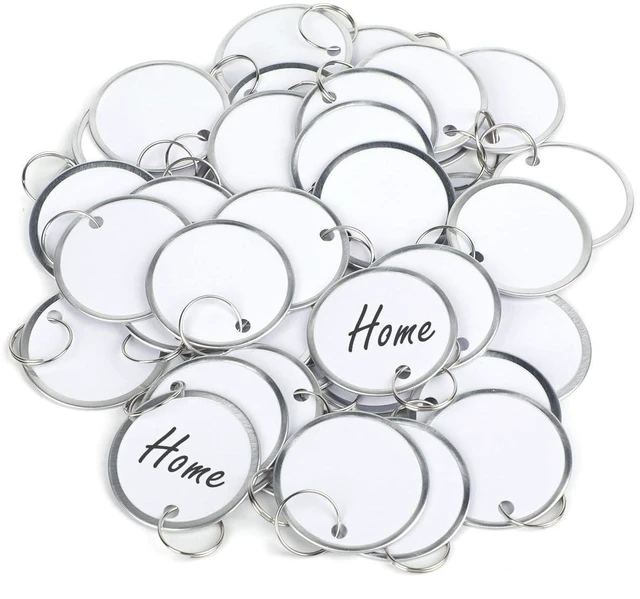 Main image of 200 Pack Key Tags 1.5 Inch Round Key Chain Tags Writable White Paper Labels with Metal Edges and Split Rings Sturdy Lightweight Key Item Identifiers