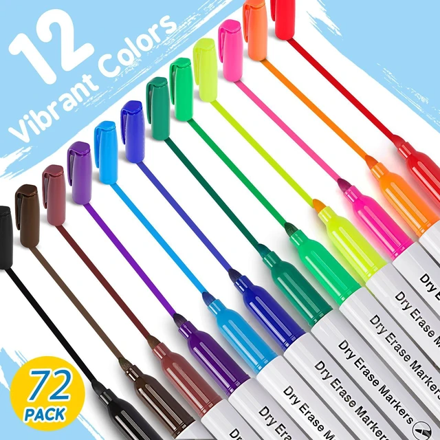 Alt view image 2 of 7 - 72 Count Dry Erase Markers Bulk, 12 Assorted Colors, Fine Tip Whiteboard Markers, Dry Erase Pens Bulk Pack for Classroom Home, Back to School Supplies