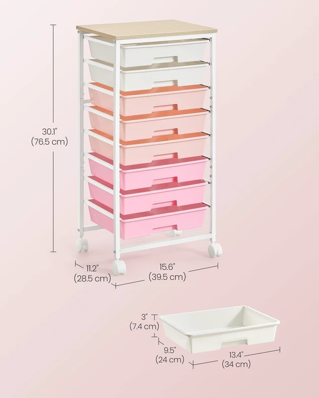 Alt view image 3 of 7 - Rolling Cart with Drawers, Craft Organizers and Storage Pink and White, Wooden Tabletop, 8 Drawers, Office, Classroom, Craft Room, Dorm, 15.6 x 11.2 x 30.1 in, ULRC006S101