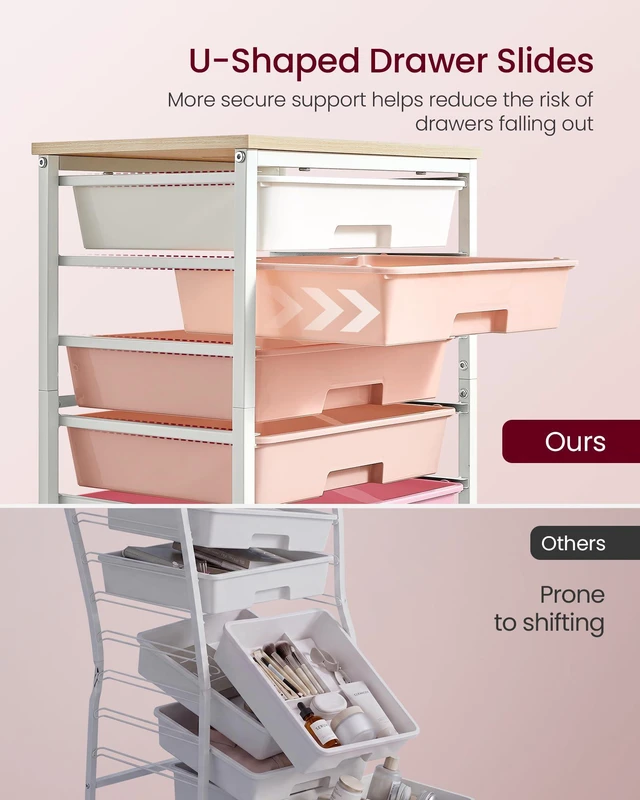 Alt view image 4 of 7 - Rolling Cart with Drawers, Craft Organizers and Storage Pink and White, Wooden Tabletop, 8 Drawers, Office, Classroom, Craft Room, Dorm, 15.6 x 11.2 x 30.1 in, ULRC006S101