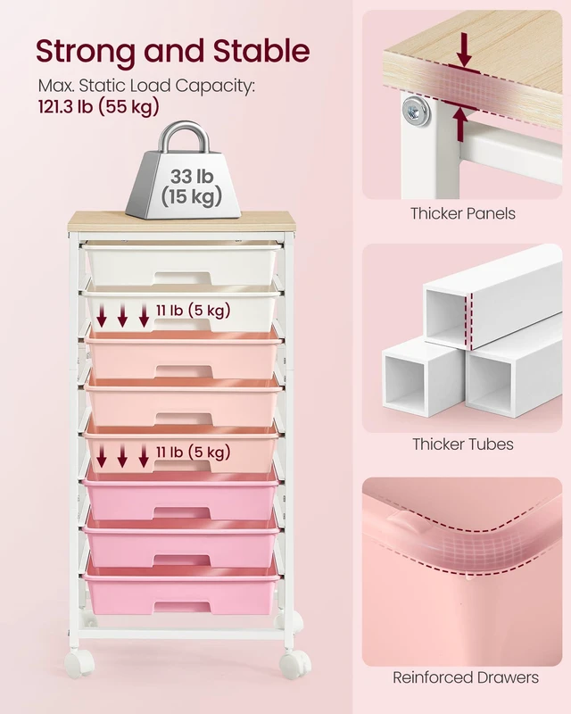 Alt view image 7 of 7 - Rolling Cart with Drawers, Craft Organizers and Storage Pink and White, Wooden Tabletop, 8 Drawers, Office, Classroom, Craft Room, Dorm, 15.6 x 11.2 x 30.1 in, ULRC006S101