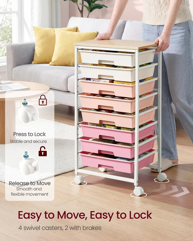 Alt view image 5 of 7 - Rolling Cart with Drawers, Craft Organizers and Storage Pink and White, Wooden Tabletop, 8 Drawers, Office, Classroom, Craft Room, Dorm, 15.6 x 11.2 x 30.1 in, ULRC006S101